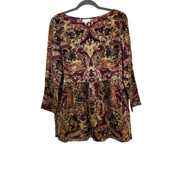J. Jill Tops - J. Jill Womens Small Petite Paisley Empire Waist Tunic Top Burgundy Gold‎ Rayon